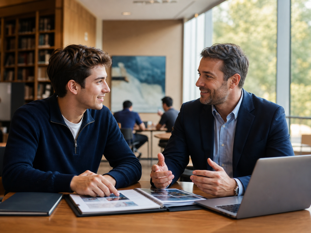 A male student discussing study and career plans with an adviser in a bright campus-style lounge