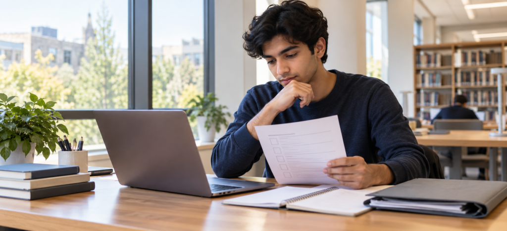 Male student checking an application checklist beside a laptop in a university library