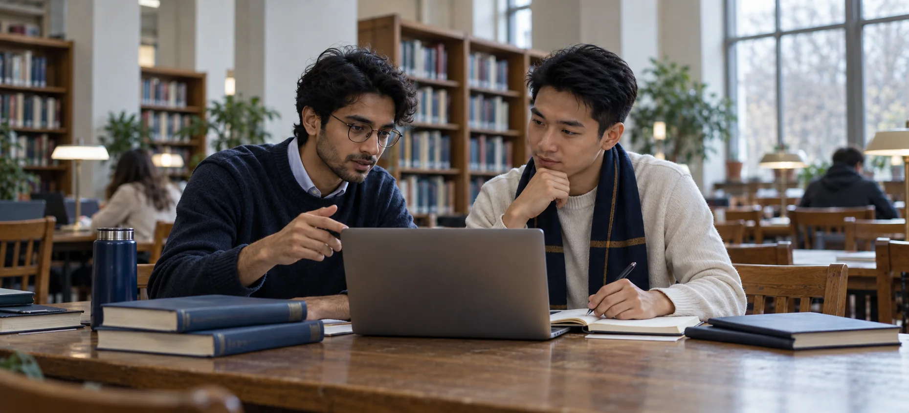 Two postgraduate applicants reviewing study plans at a library table; AI-generated illustration