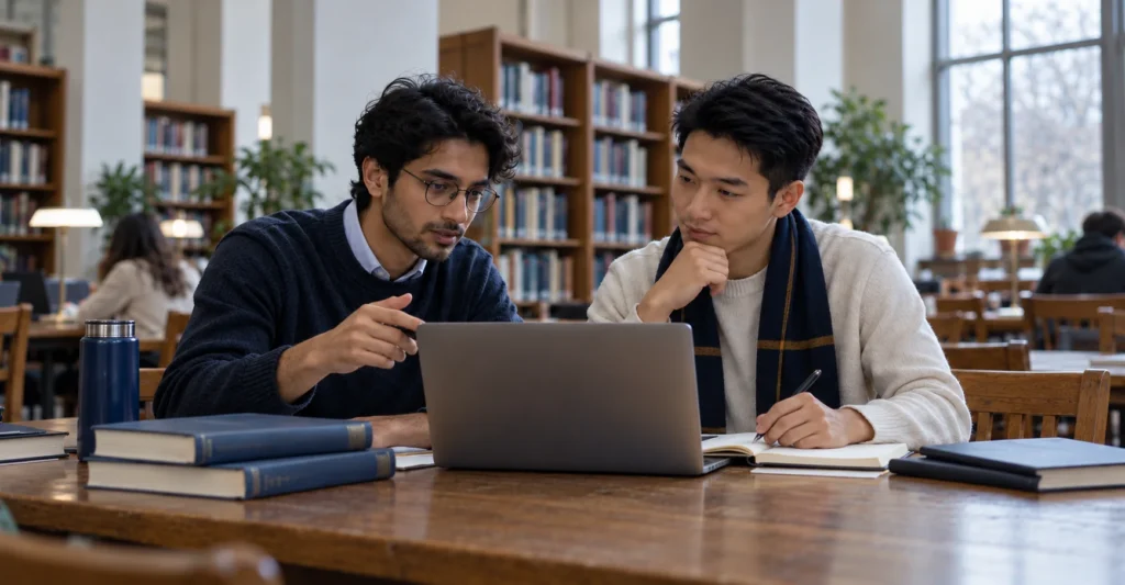Two postgraduate applicants discussing study plans in a library; AI-generated illustration