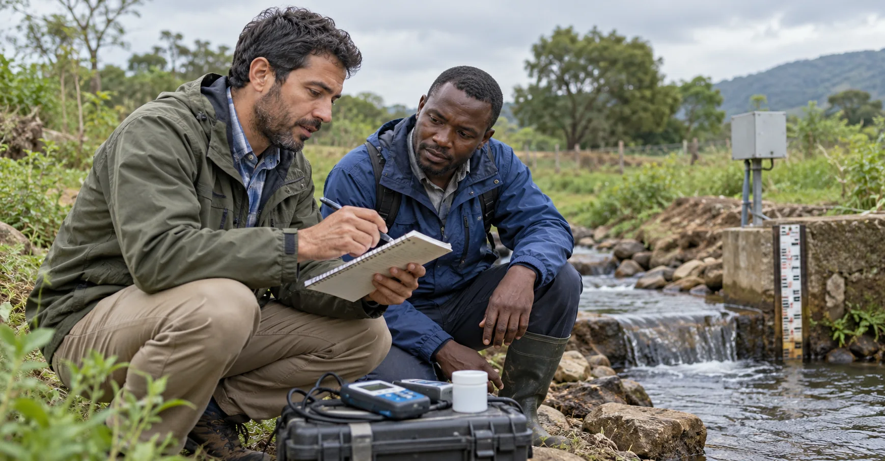 Two male development professionals reviewing field notes near a stream; AI-generated illustration