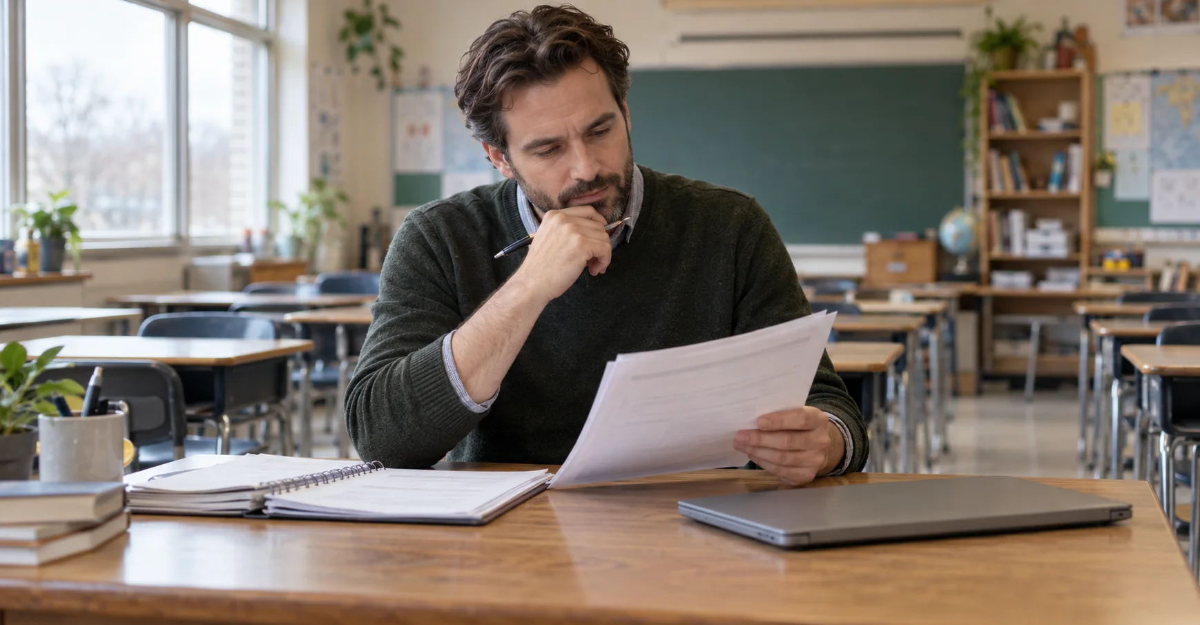 Male teacher reviewing a printed lesson plan in a classroom; AI-generated illustration