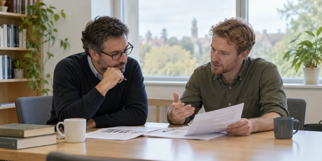 Two male university staff reviewing a printed academic document; AI-generated illustration