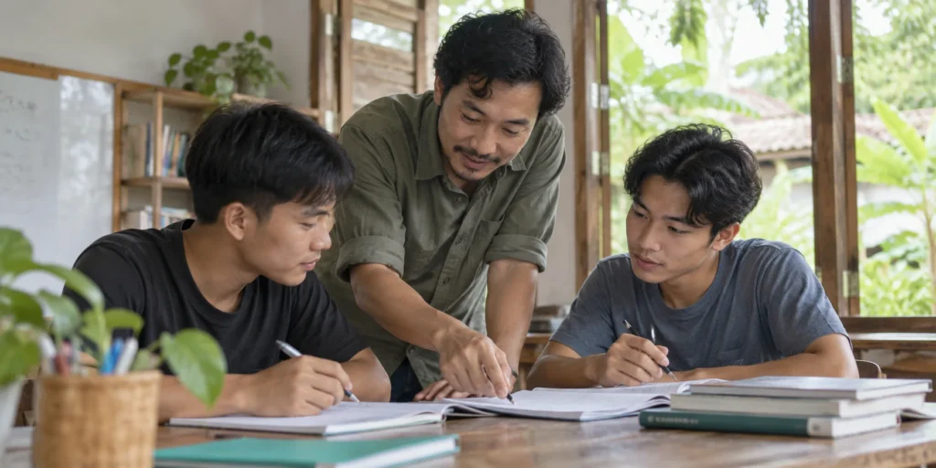 Adult male tutor helping two adult learners in a community classroom; AI-generated illustration