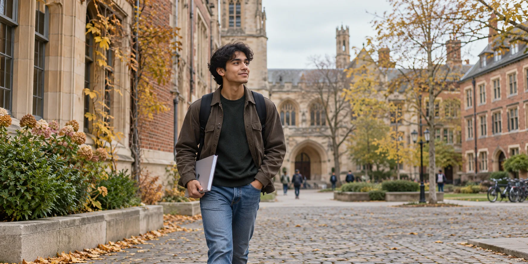 Male student walking through a generic European-style campus courtyard; AI-generated illustration