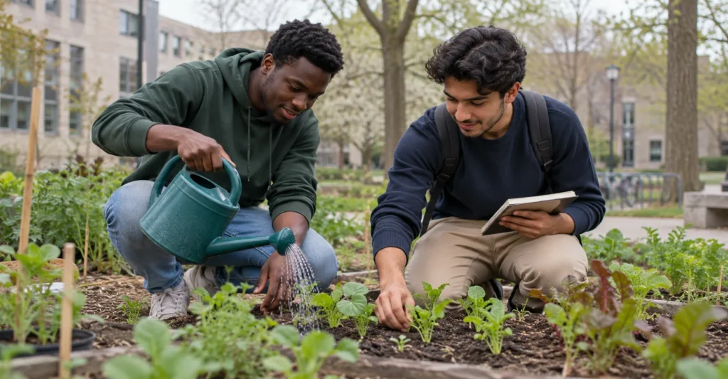 Two male students tending a campus garden; AI-generated illustration
