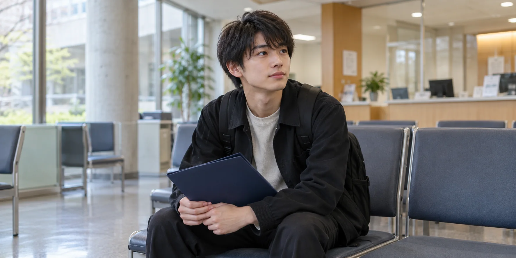 Male student holding a folder in a generic campus admissions waiting area; AI-generated illustration