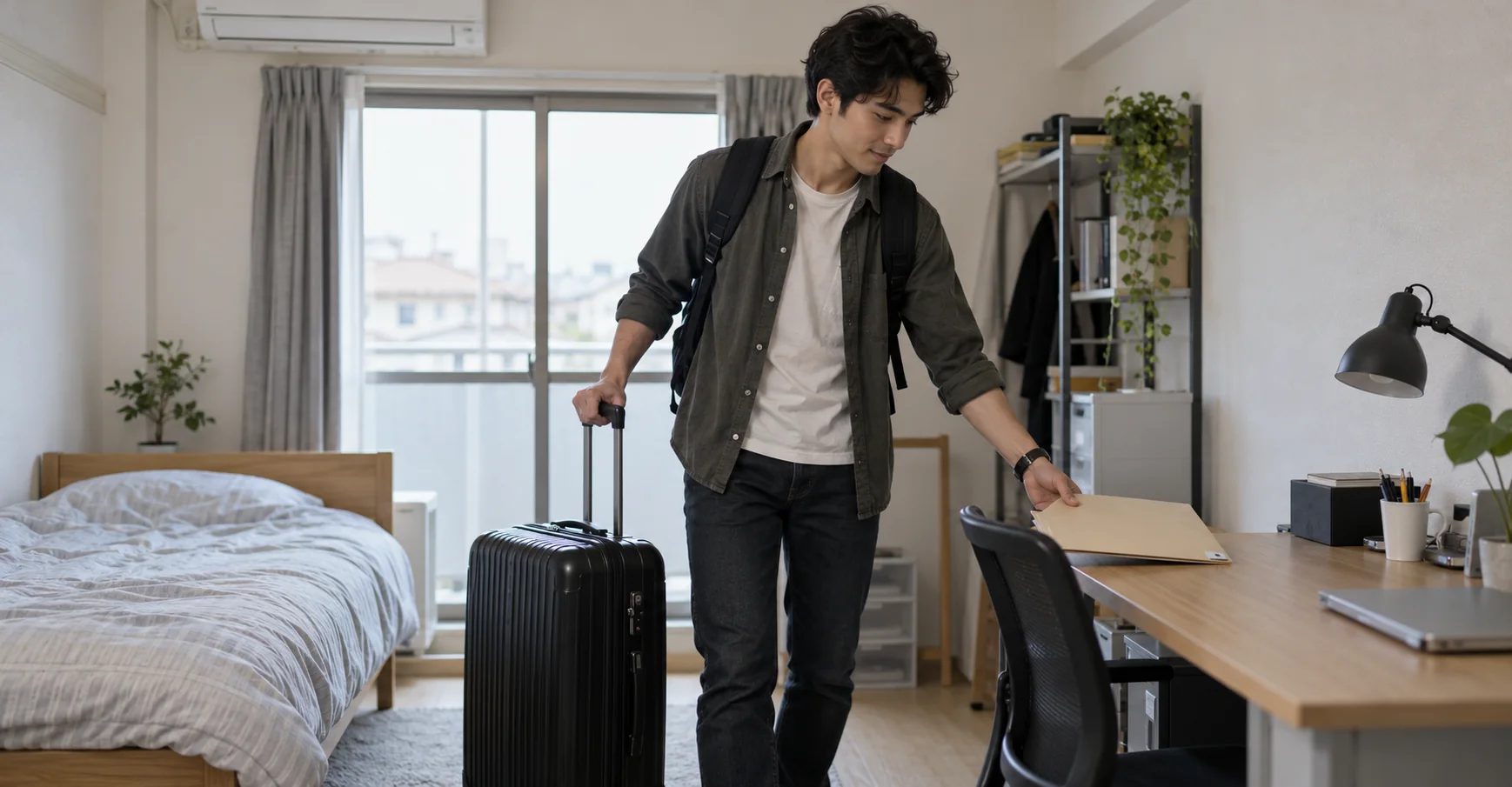 Male student arriving in a modest student room; AI-generated illustration