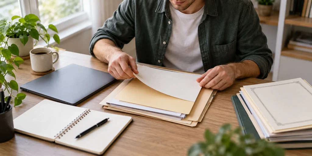 Male student’s hands organising plain study-application folders on a desk; AI-generated illustration
