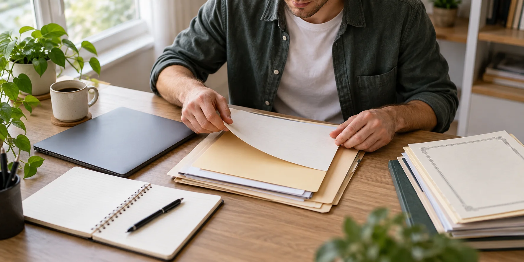 Male student’s hands organising plain study-application folders on a desk; AI-generated illustration