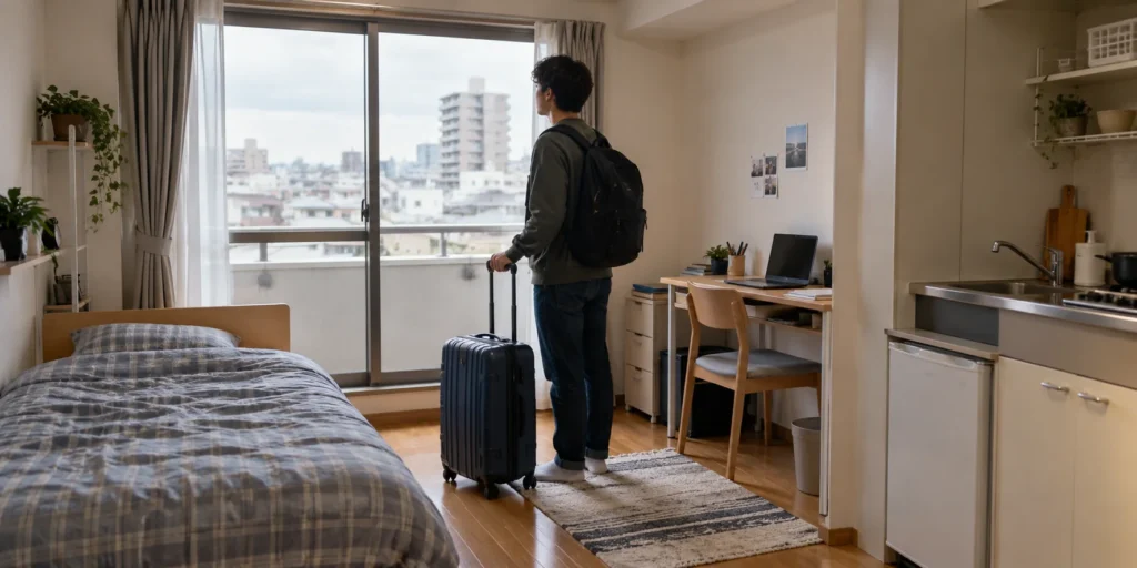 Male student inspecting a modest generic Japanese-style student apartment; AI-generated illustration
