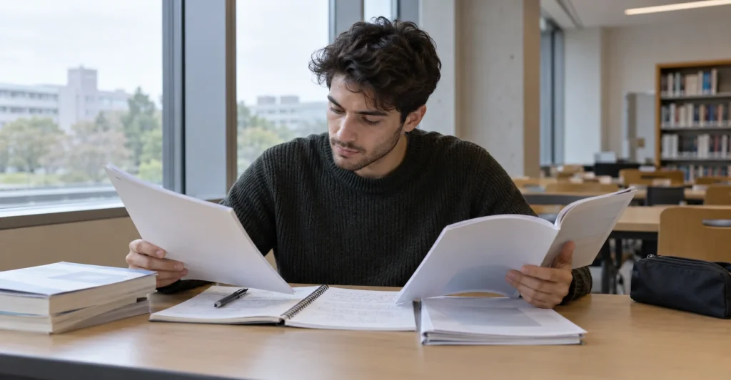 Male applicant comparing printed programme information; AI-generated illustration