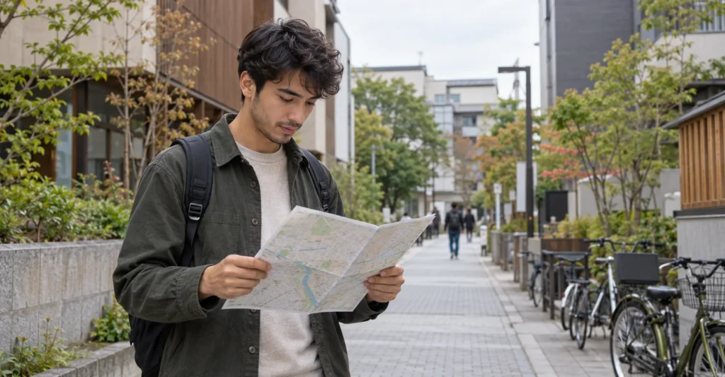 Male student checking a map in a Japanese-style neighbourhood; AI-generated illustration