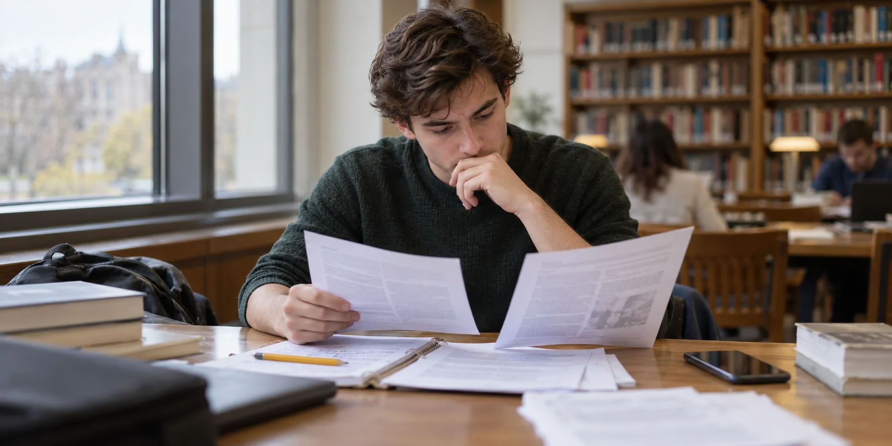 Male student comparing printed articles at a library table; AI-generated illustration