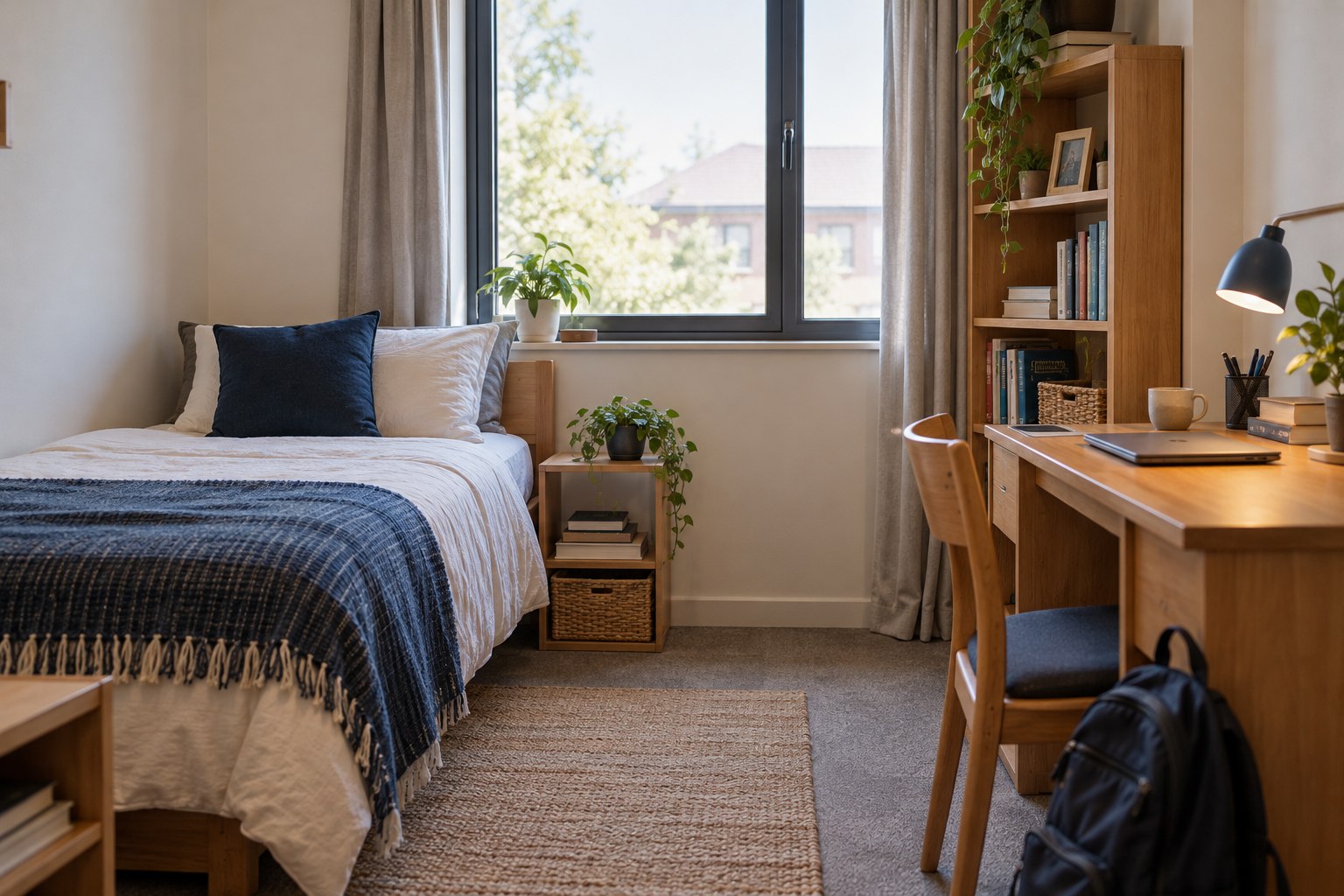 A modest student bedroom with a bed, study desk and backpack