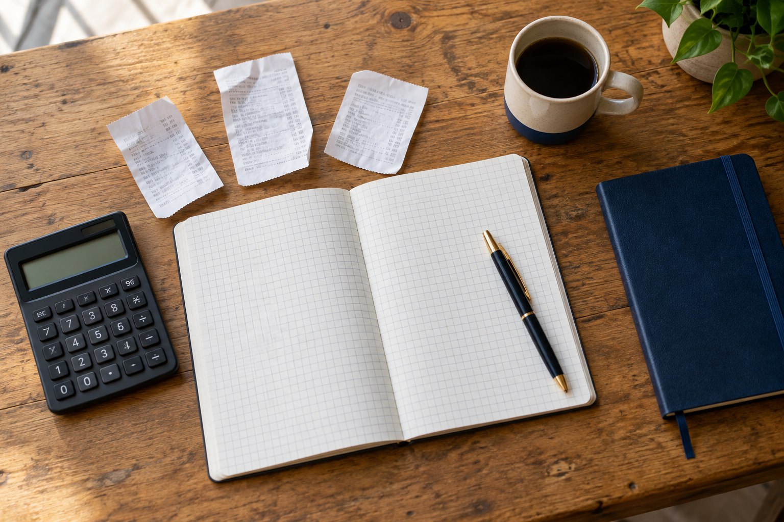 Notebook, calculator and receipts on a wooden desk for planning student expenses