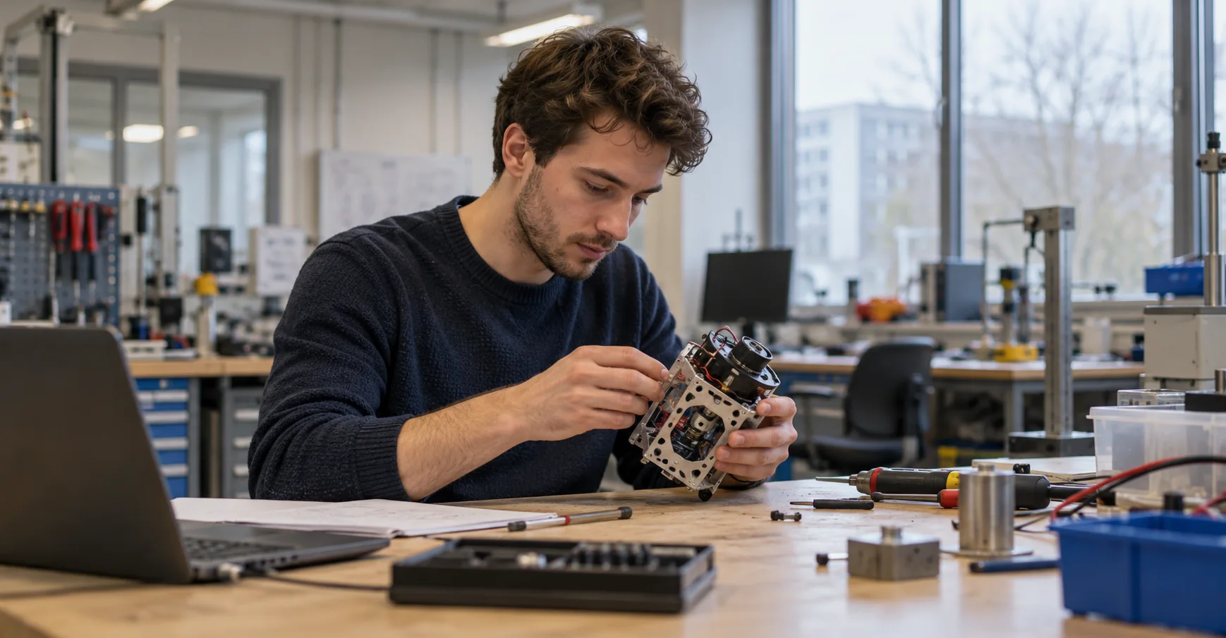 Male postgraduate working on a prototype in a generic teaching lab; AI-generated illustration