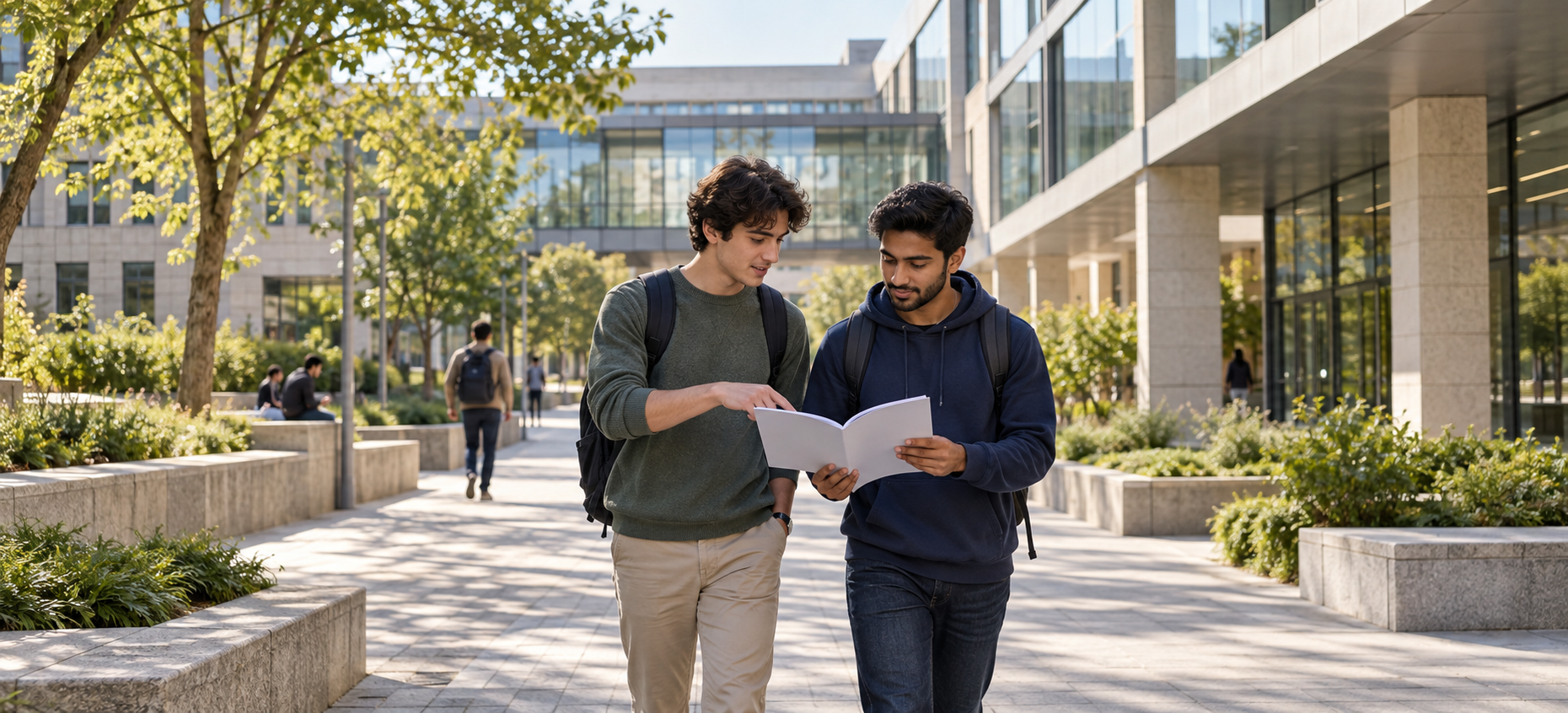 Two male students discussing a course brochure in a modern university courtyard
