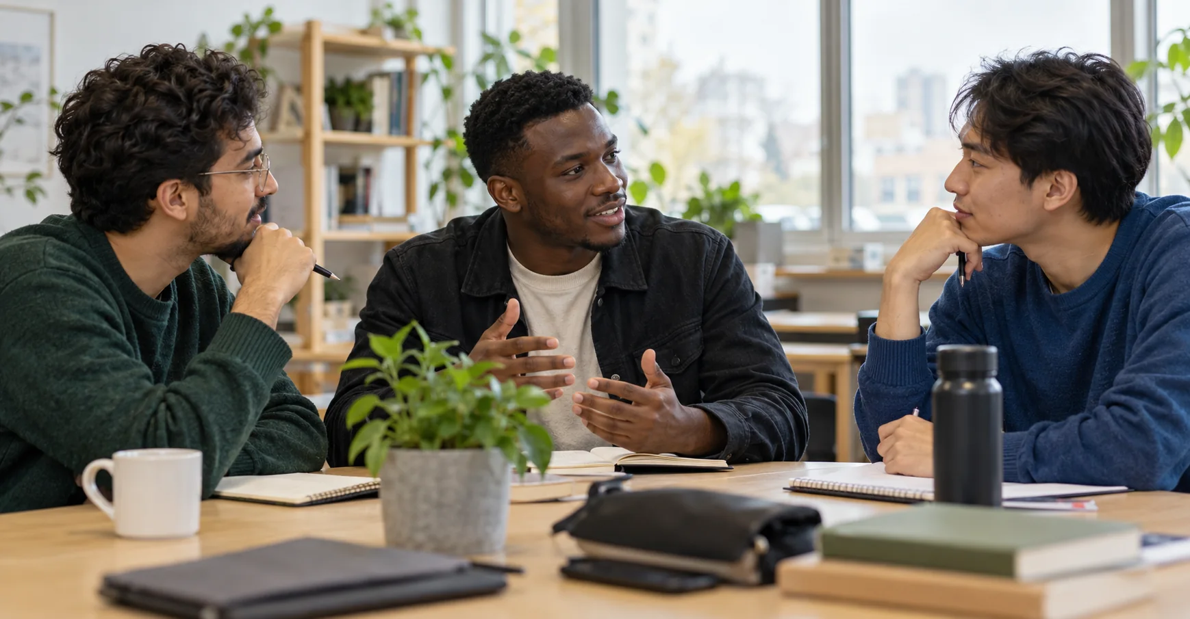 Three male community leaders in a thoughtful discussion; AI-generated illustration